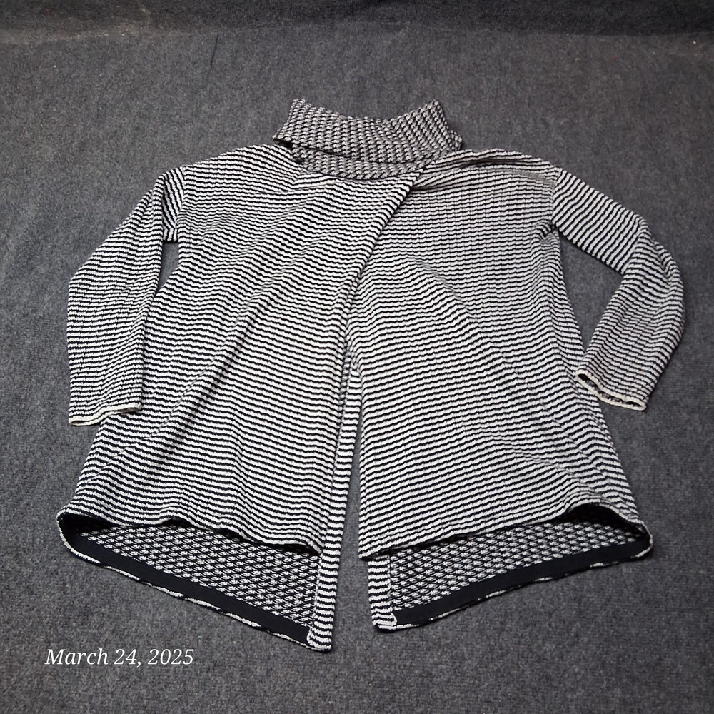 Cabi Fergie Sweater Women Size Small Black Striped Cowl Neck Split Overlap 3167